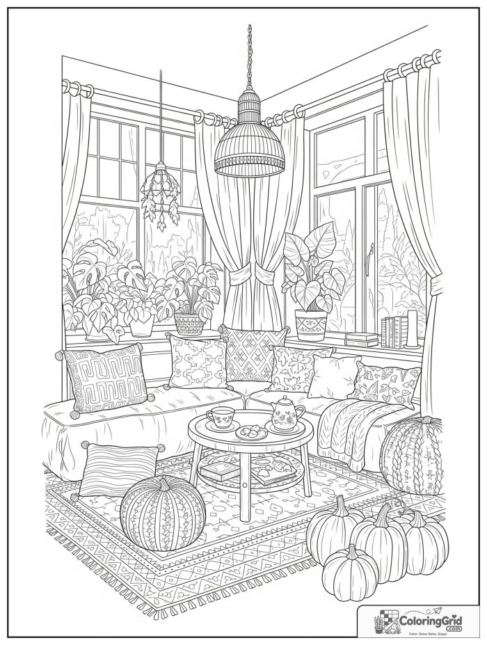 Bold and cozy fall sunroom with floor pillows, tea, and pumpkins.