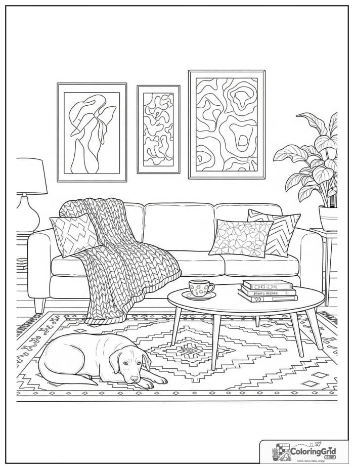 Bold and cozy adult lounge with a dog, tea, and patterned rug.
