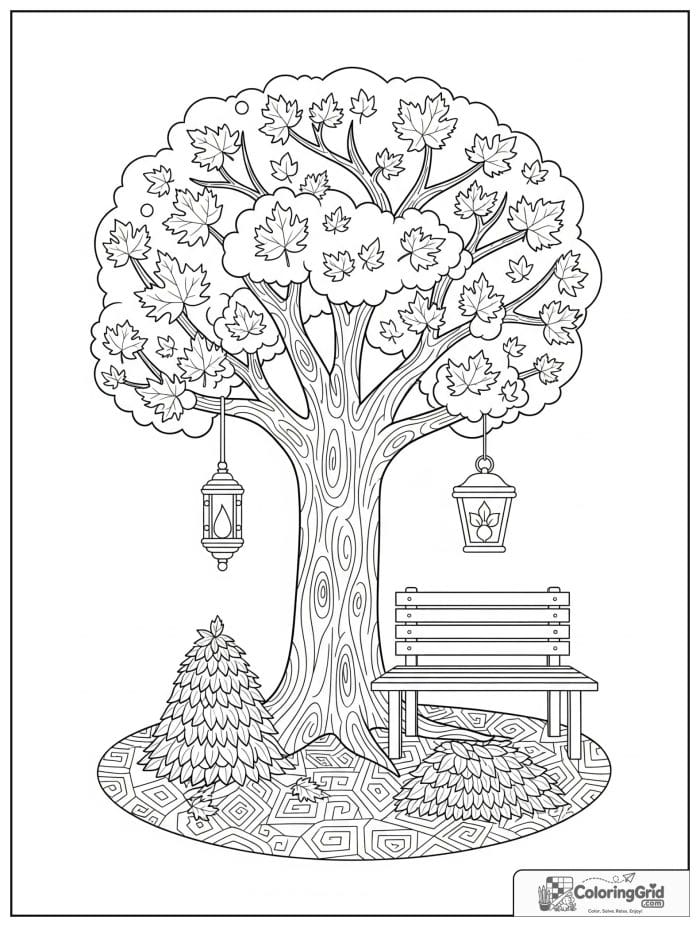 Bold and cozy maple tree with a bench and lantern.