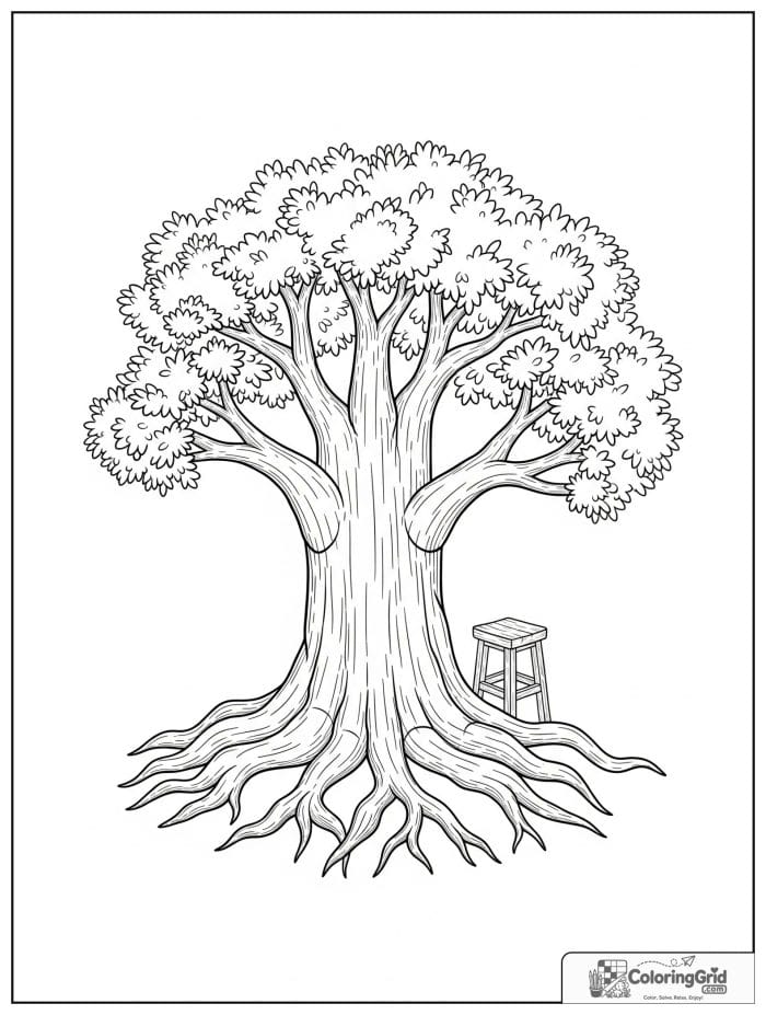 Bold and cozy massive oak tree with thick roots.