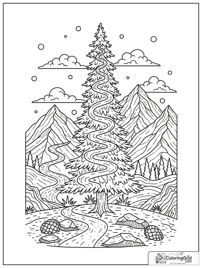 Bold and cozy pine tree with mountains and a trail.
