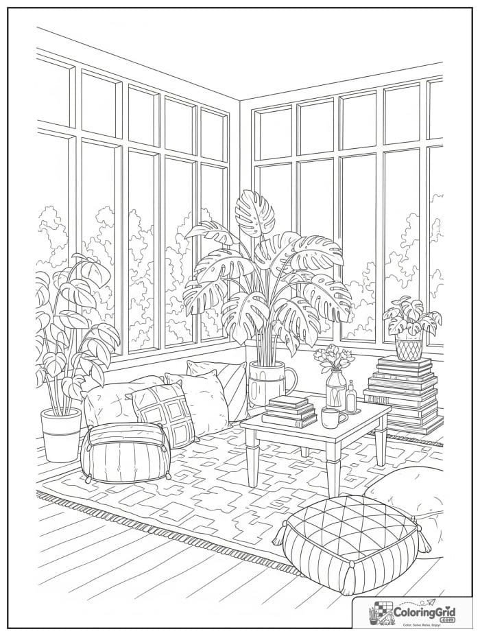 Bold and cozy adult sunroom with floor pillows, books, and tall windows.