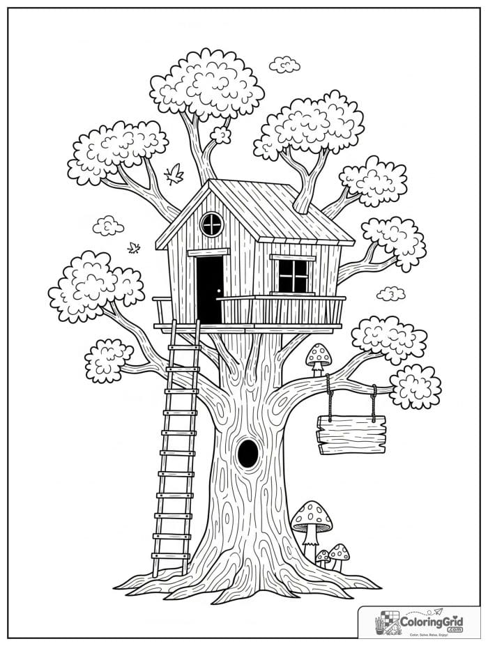 Bold and cozy large forest tree with a sturdy treehouse.