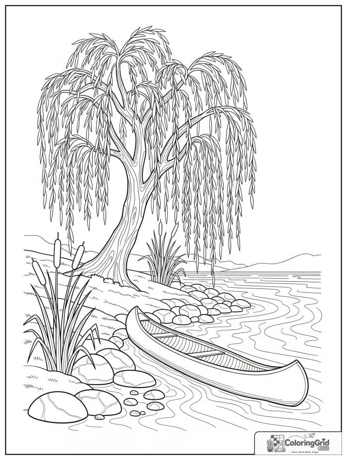 Bold and cozy willow tree on a riverbank with a canoe.