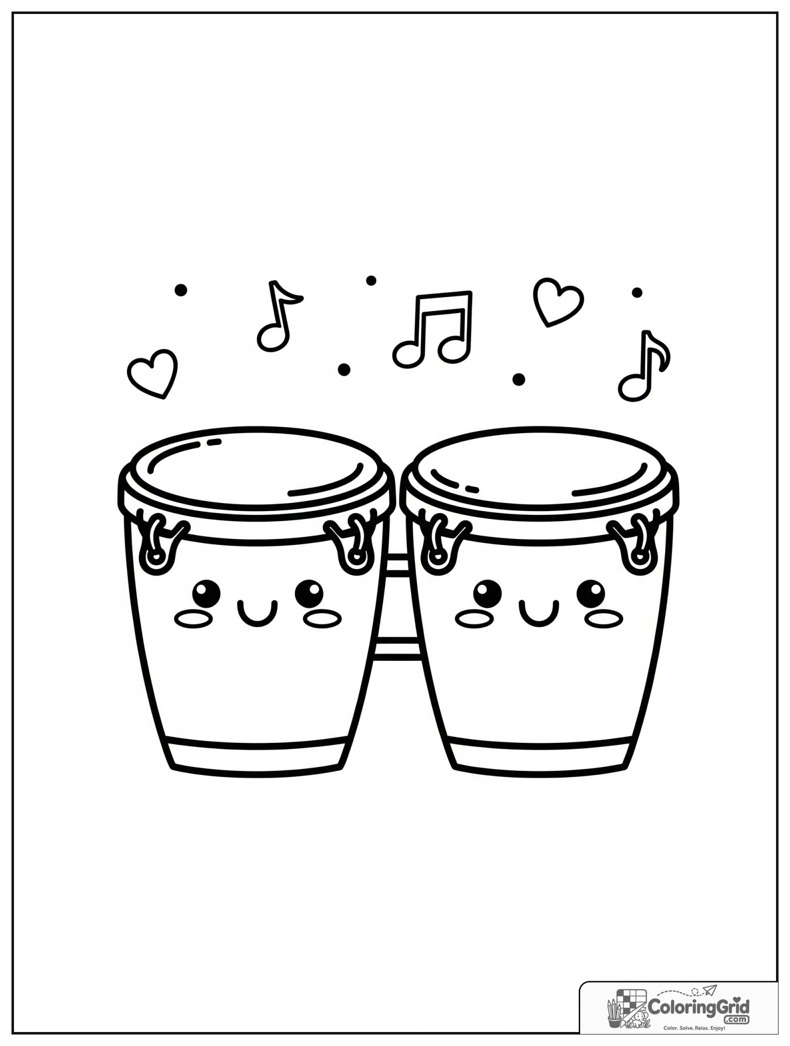 Cute smiling bongo drums with small heart and music note decorations.