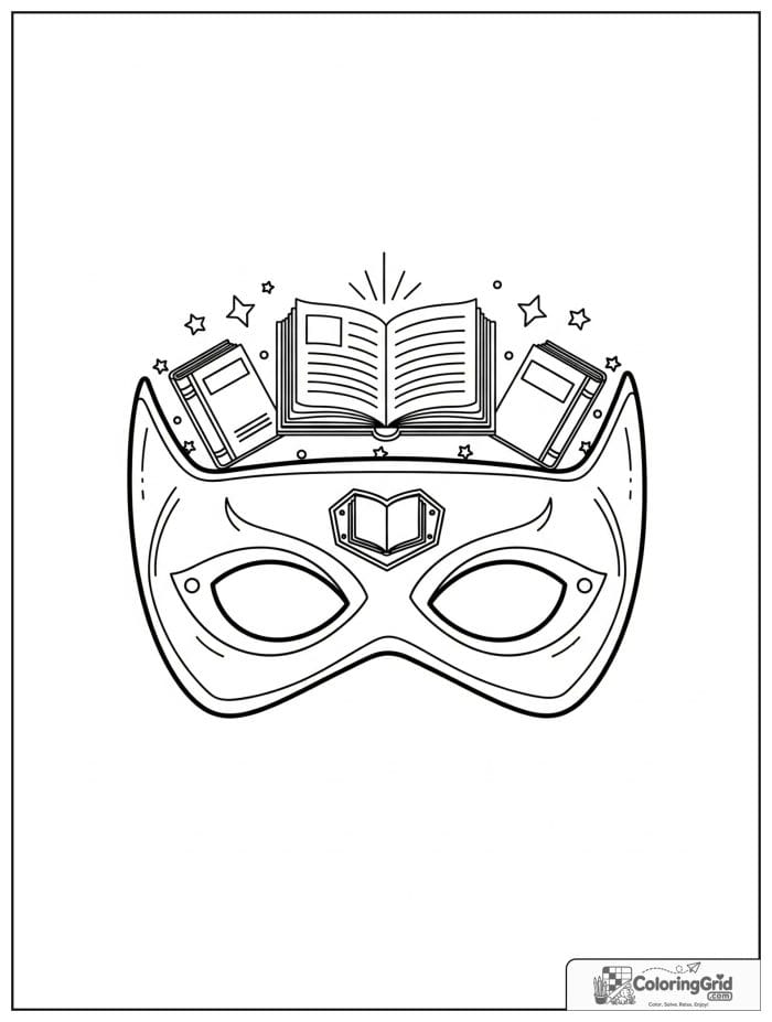 Cute book-themed superhero mask with tiny book details.
