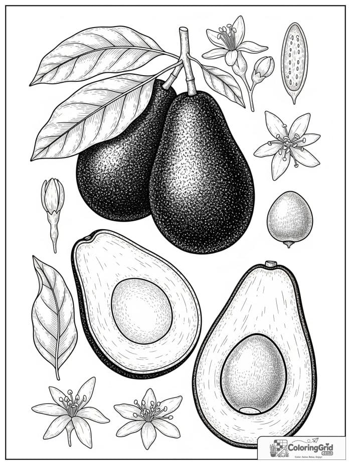 Botanical avocado study for avocado coloring pages