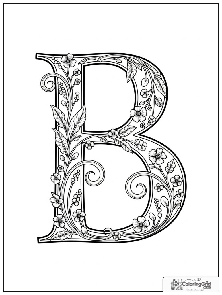 Botanical letter B adult alphabet coloring design with vines and flowers