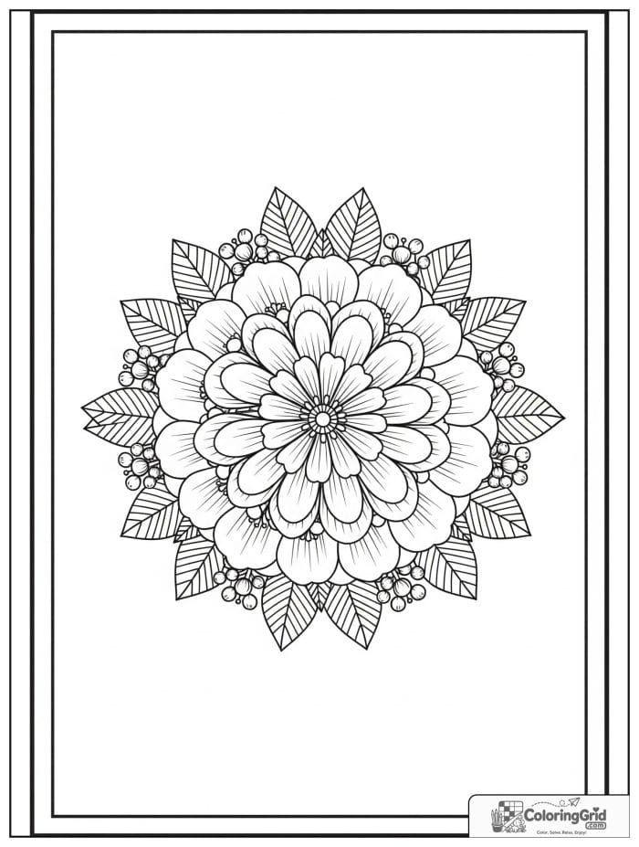 Flower mandala with a bouquet-like central bloom and leafy borders.