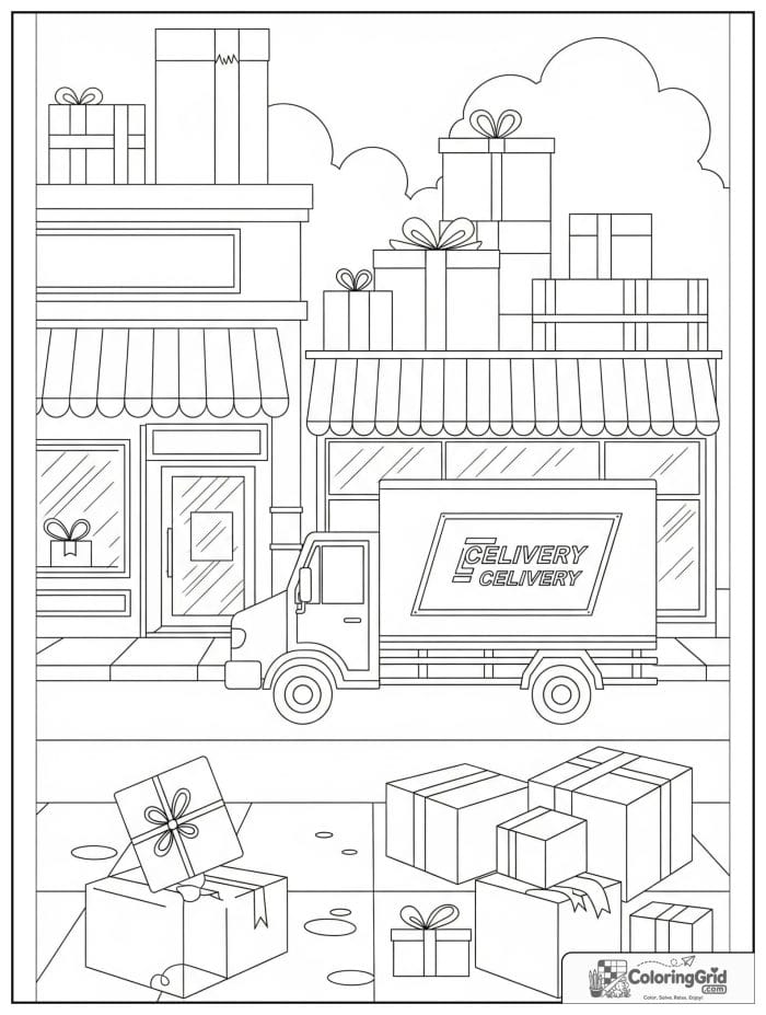 Truck coloring page featuring a box truck making a downtown delivery.