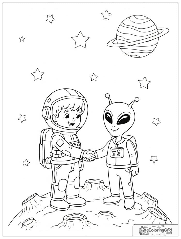 Boy astronaut shaking hands with a friendly alien.