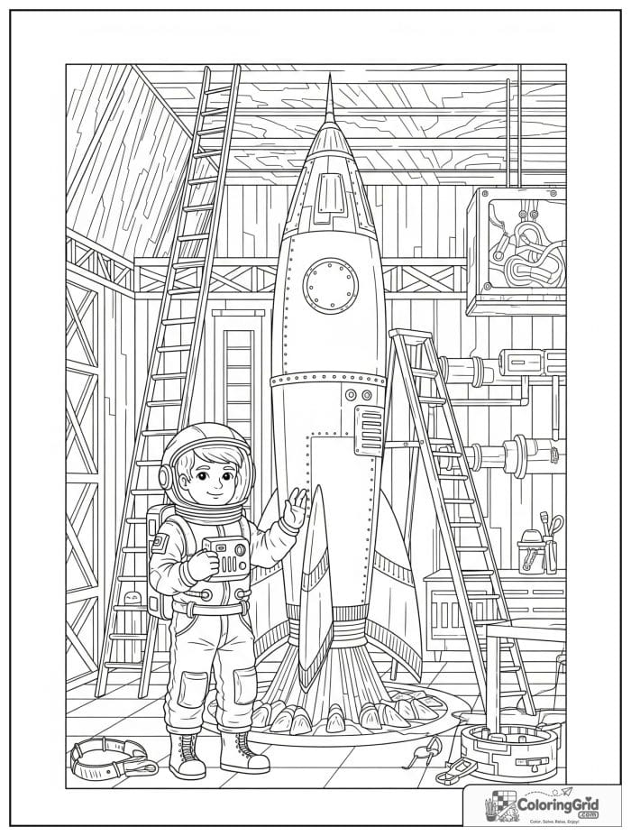 Boy astronaut standing in a rocket hangar.