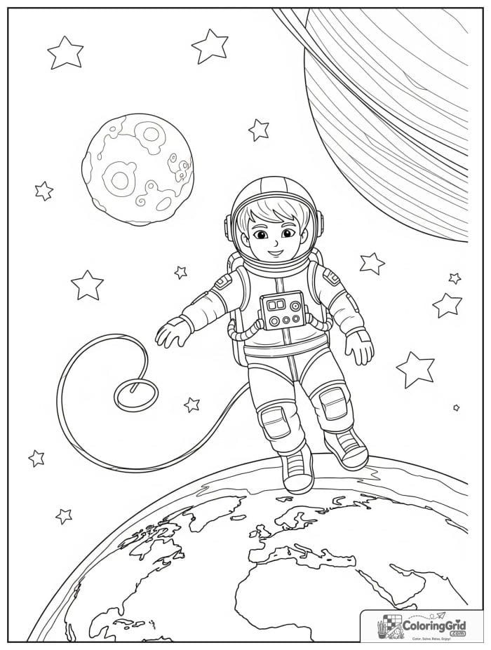 Boy astronaut floating near Earth in space.