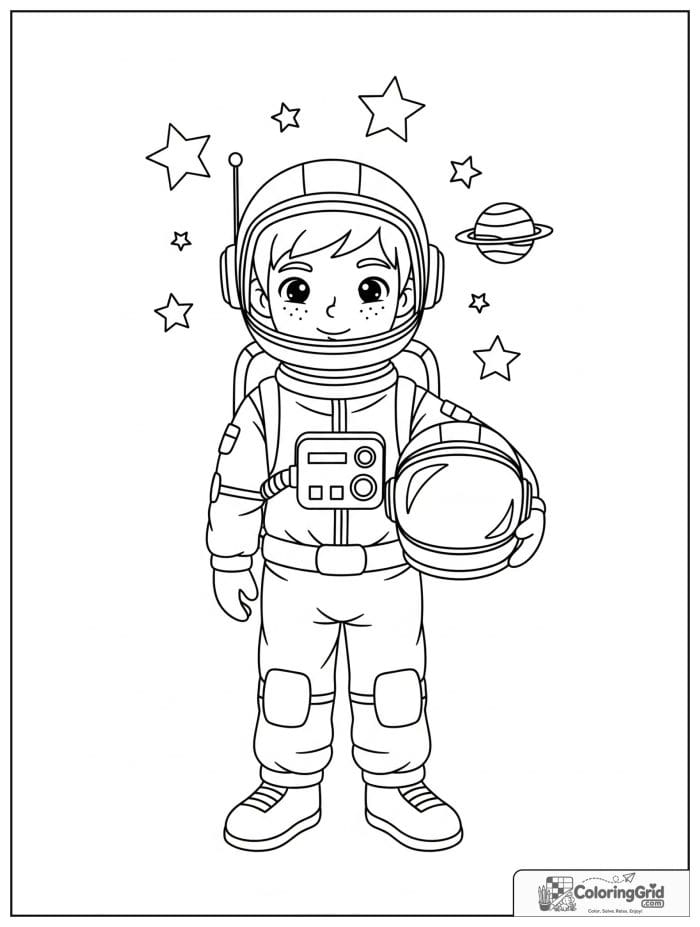 Boy astronaut standing and holding a space helmet.