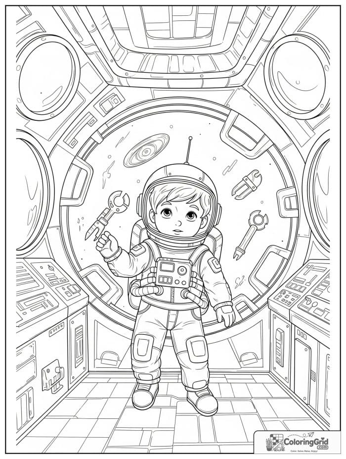 Boy astronaut inside a space station.