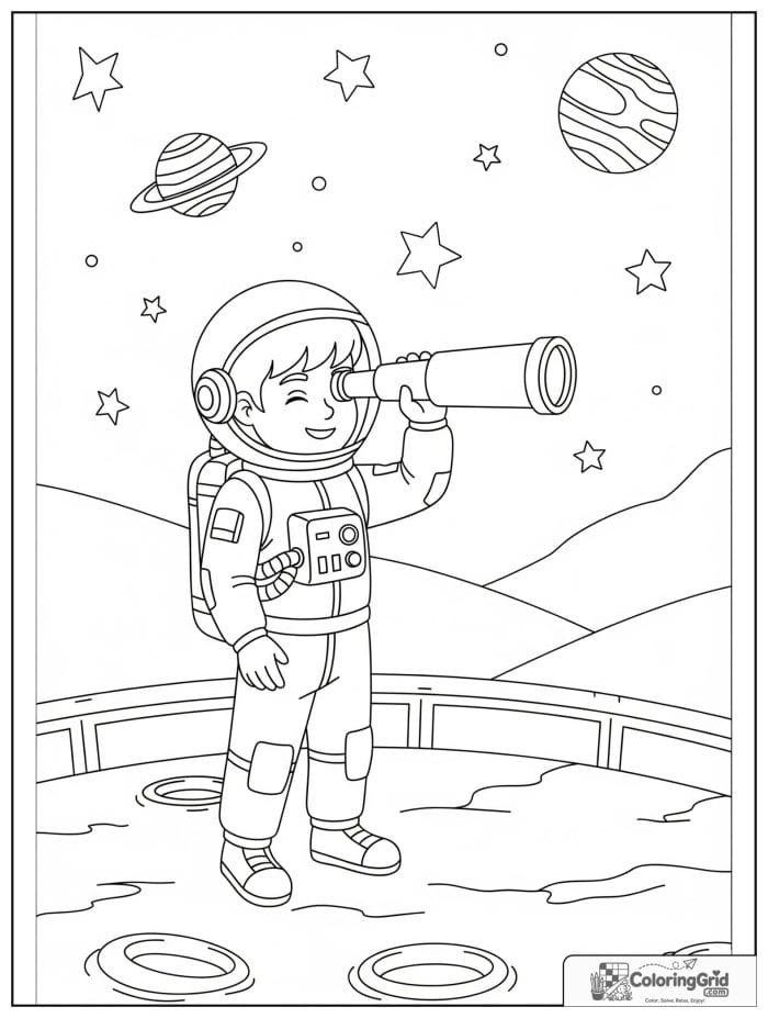 Boy astronaut looking through a telescope.
