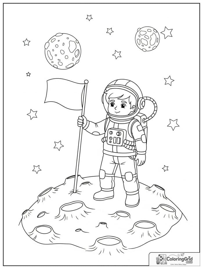 Boy astronaut planting a flag on the moon.