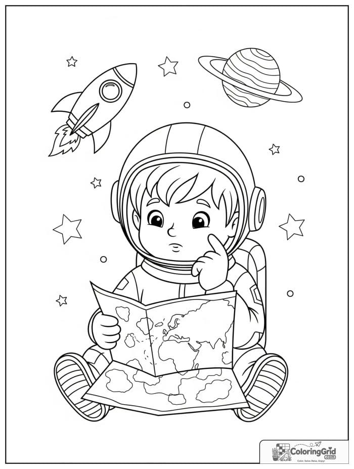 Boy astronaut reading a space map.