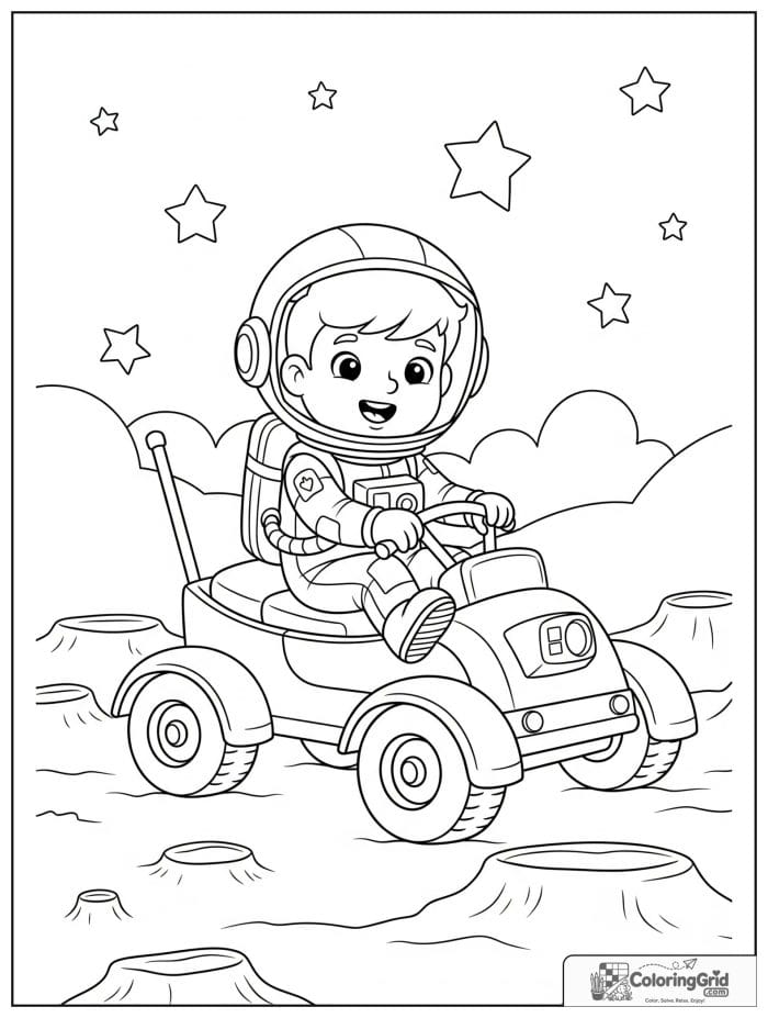 Boy astronaut riding a moon rover.