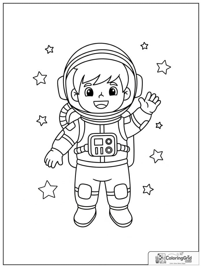 Boy astronaut waving in space with stars around him.