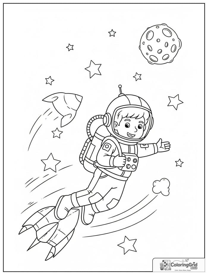 Boy astronaut flying with a jetpack in space.