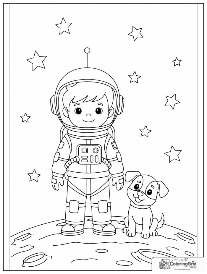 Boy astronaut with a space dog beside him.