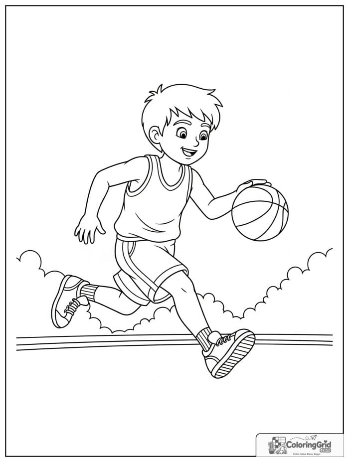 Boy dribbling a basketball on a court.