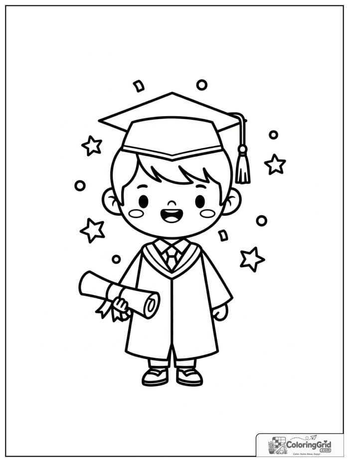 Boy graduate standing with a diploma and stars.