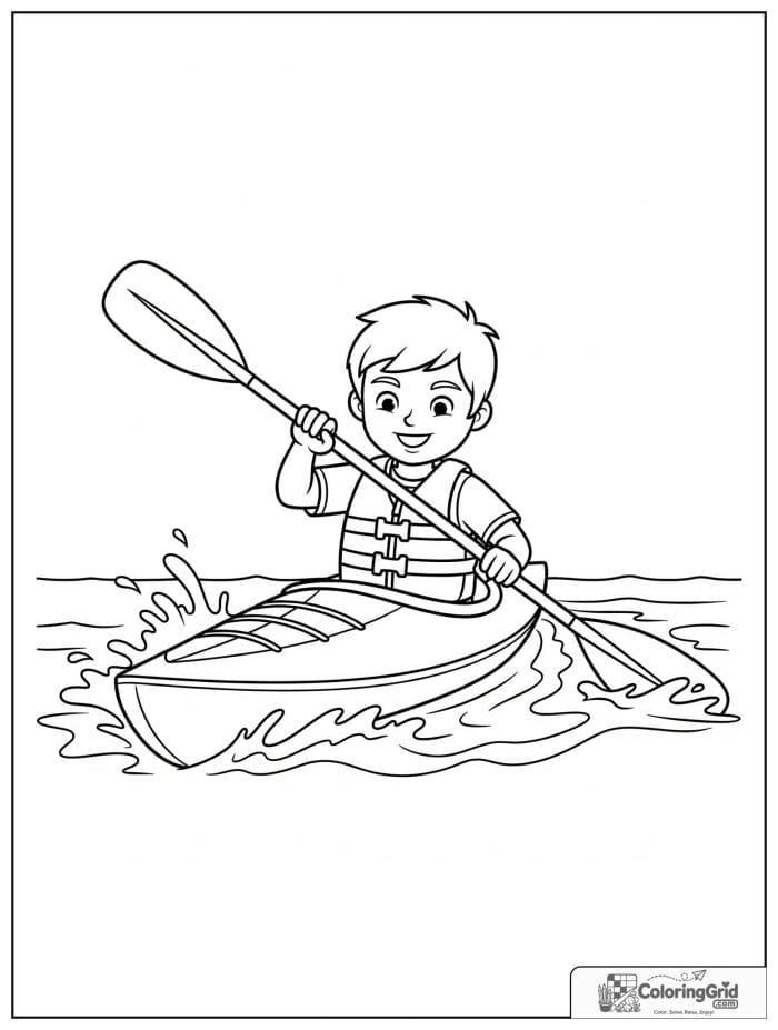 Boy paddling a kayak on a river.