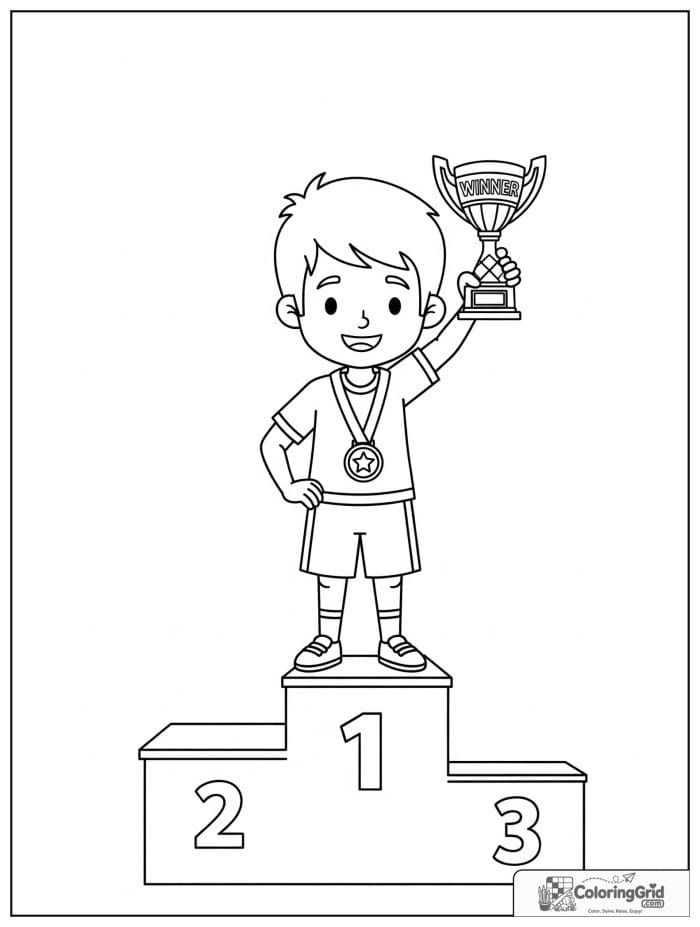 Boy standing on a winner podium with a medal.