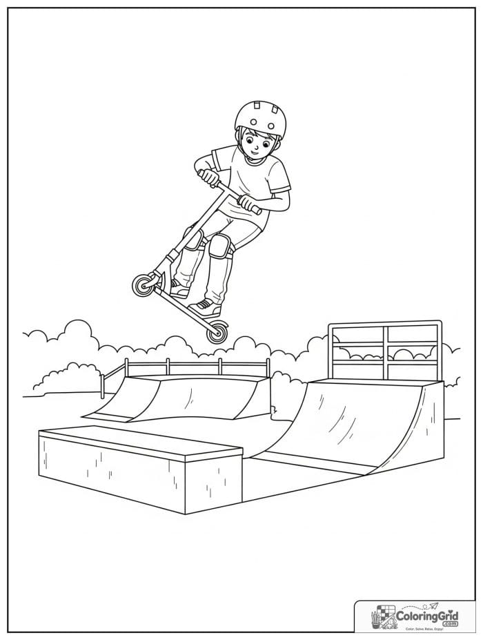 Boy doing a scooter trick at a skate park.