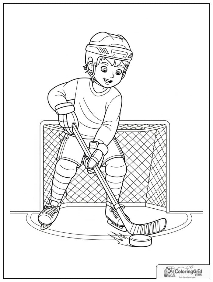Boy playing hockey and aiming for the goal.