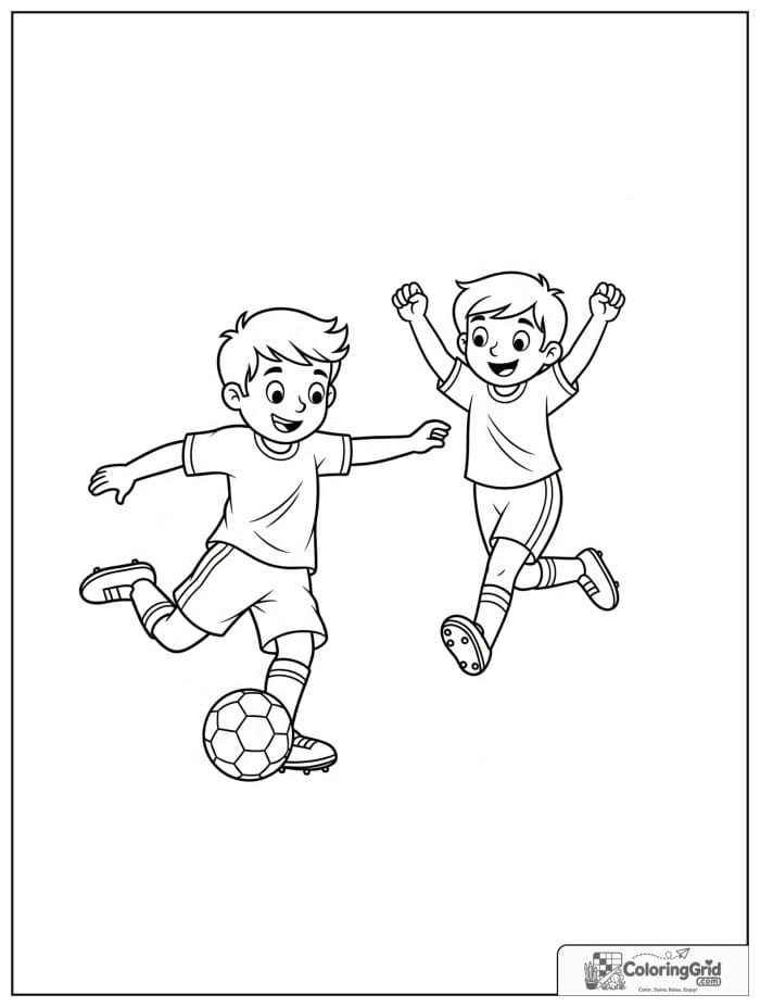Two boys playing soccer together.