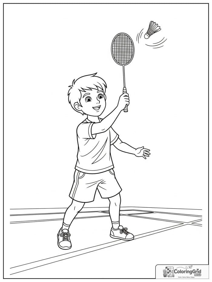Boy serving badminton with a racket.