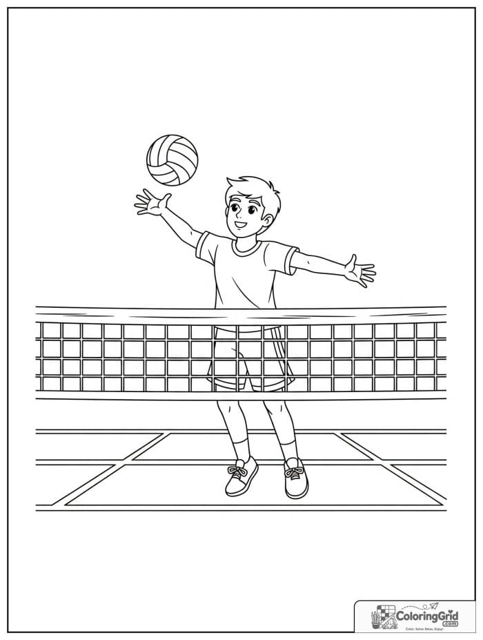 Boy serving a volleyball over a net.