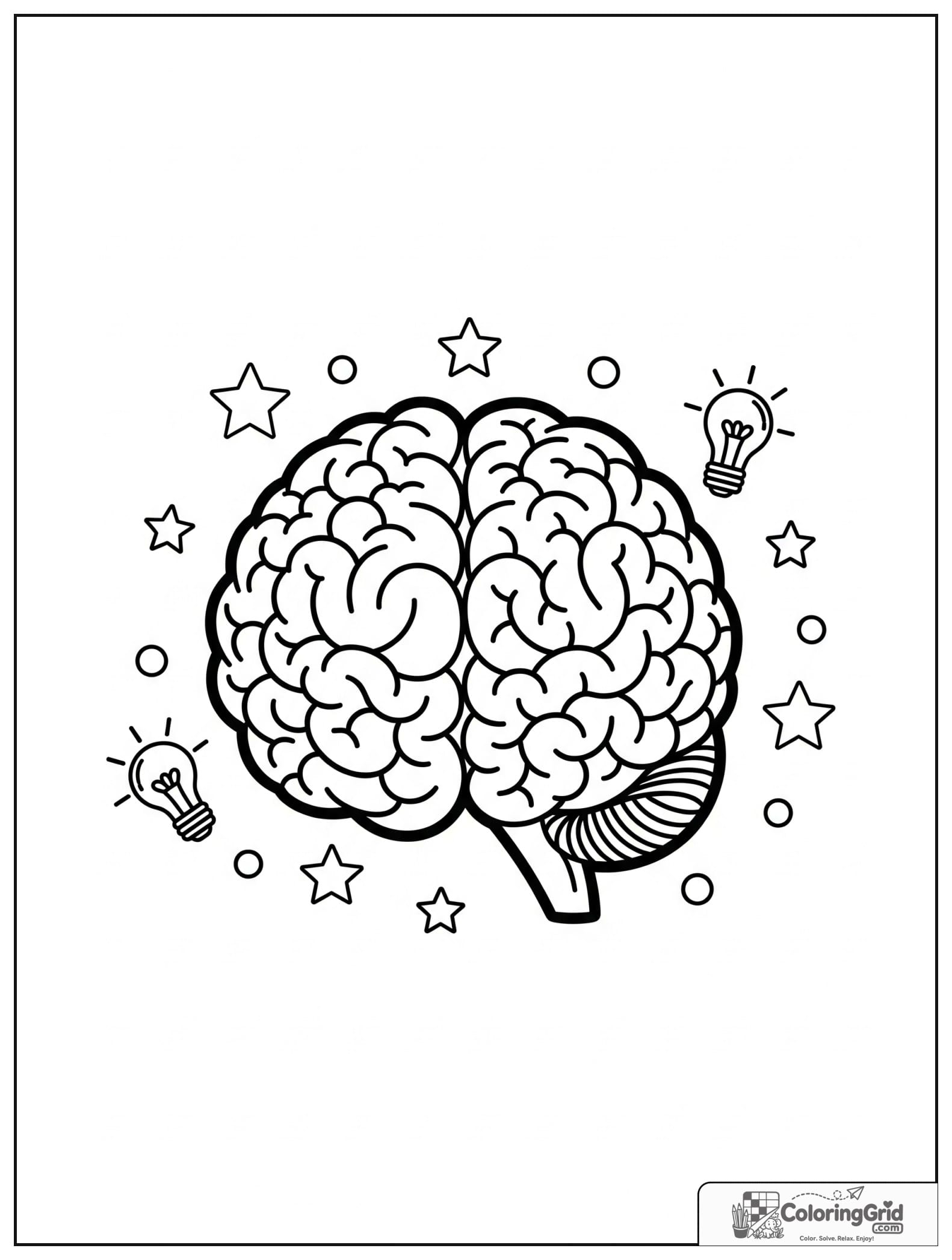 Cute brain anatomy diagram with small stars and light bulb details.