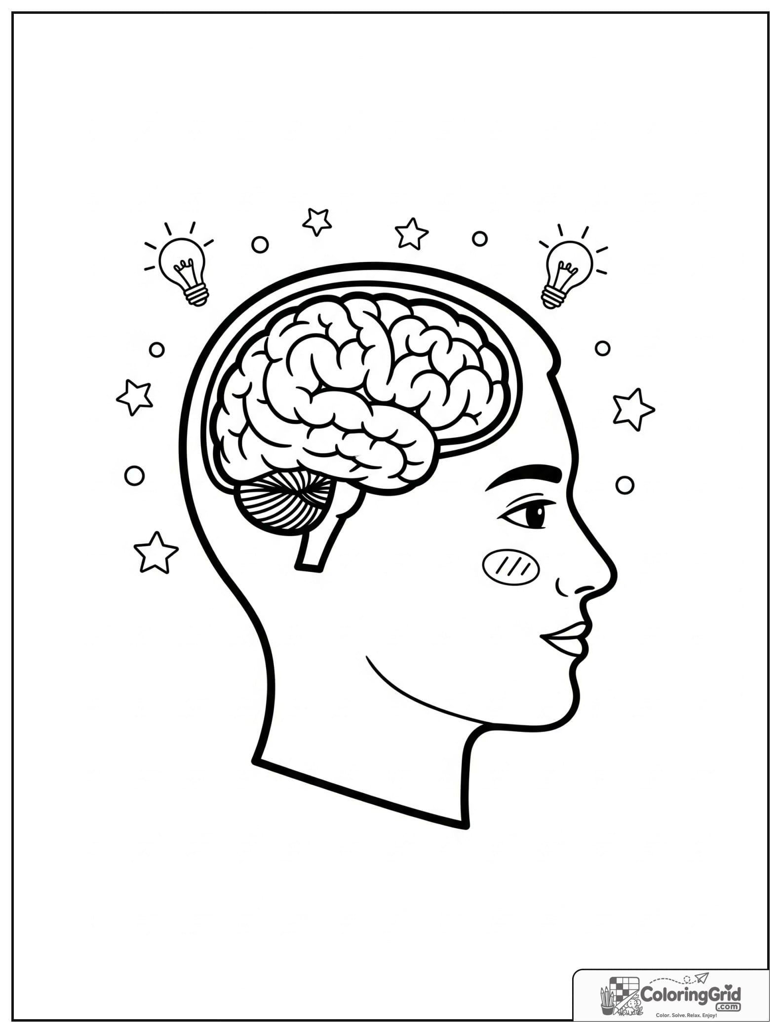 Cute brain and face profile diagram with small light bulb details.