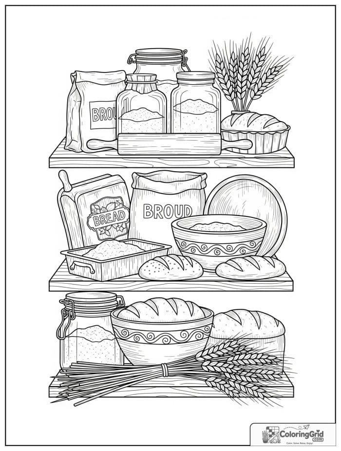 Bread baking supplies shelf for Bread Coloring Pages