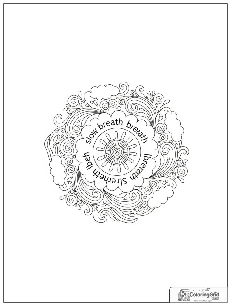 Breathing cloud mindfulness mandala with wind curls and raindrop doodles