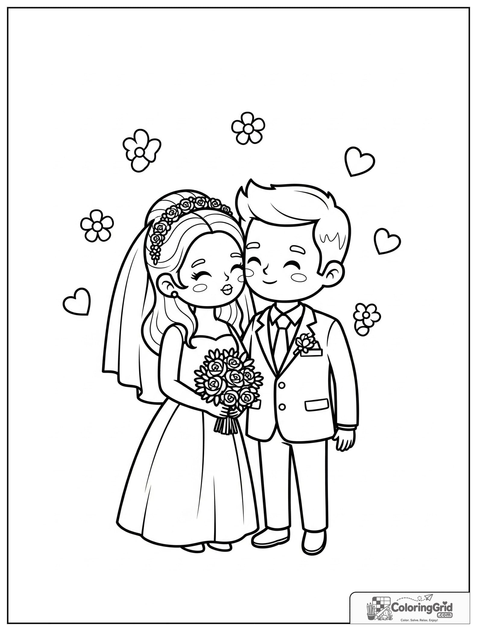 Cute bride and groom sharing a cheek kiss with small heart decorations.