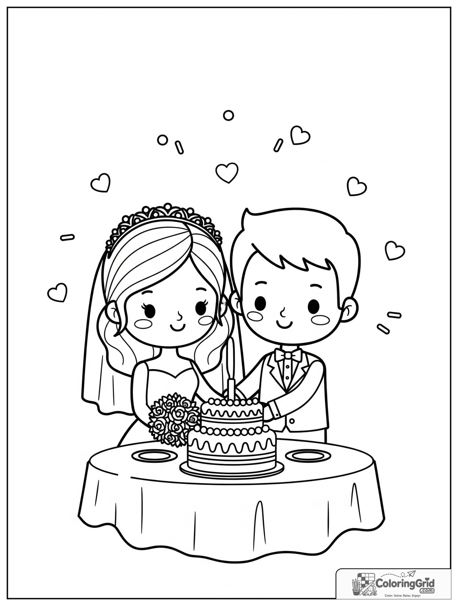 Cute bride and groom cutting a wedding cake with small festive decorations.