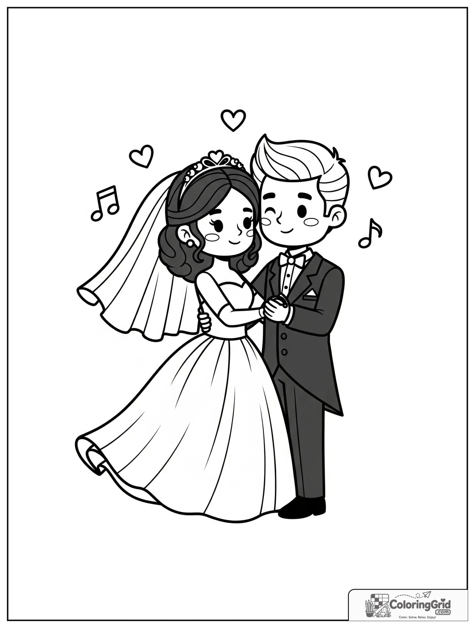 Cute bride and groom dancing with small music note and heart decorations.