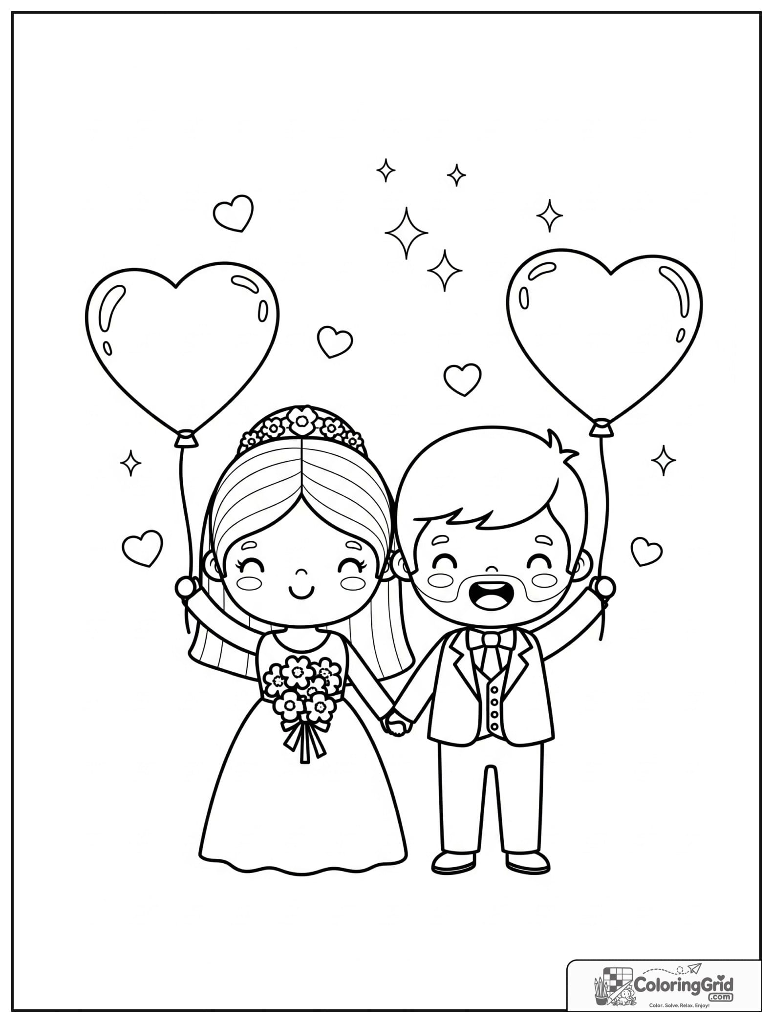 Cute bride and groom holding heart balloons with small sparkle decorations.