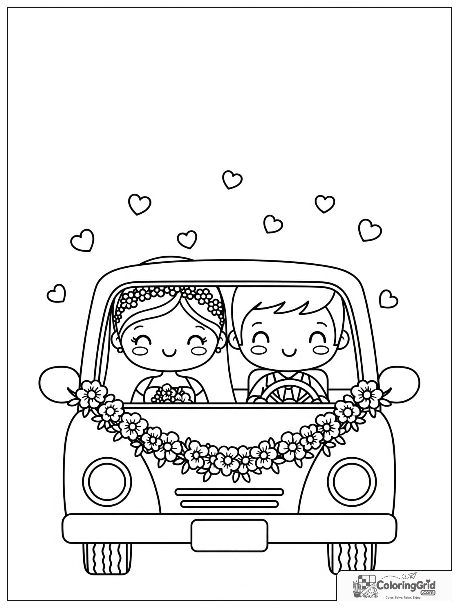 Cute bride and groom in a wedding car with small heart decorations.