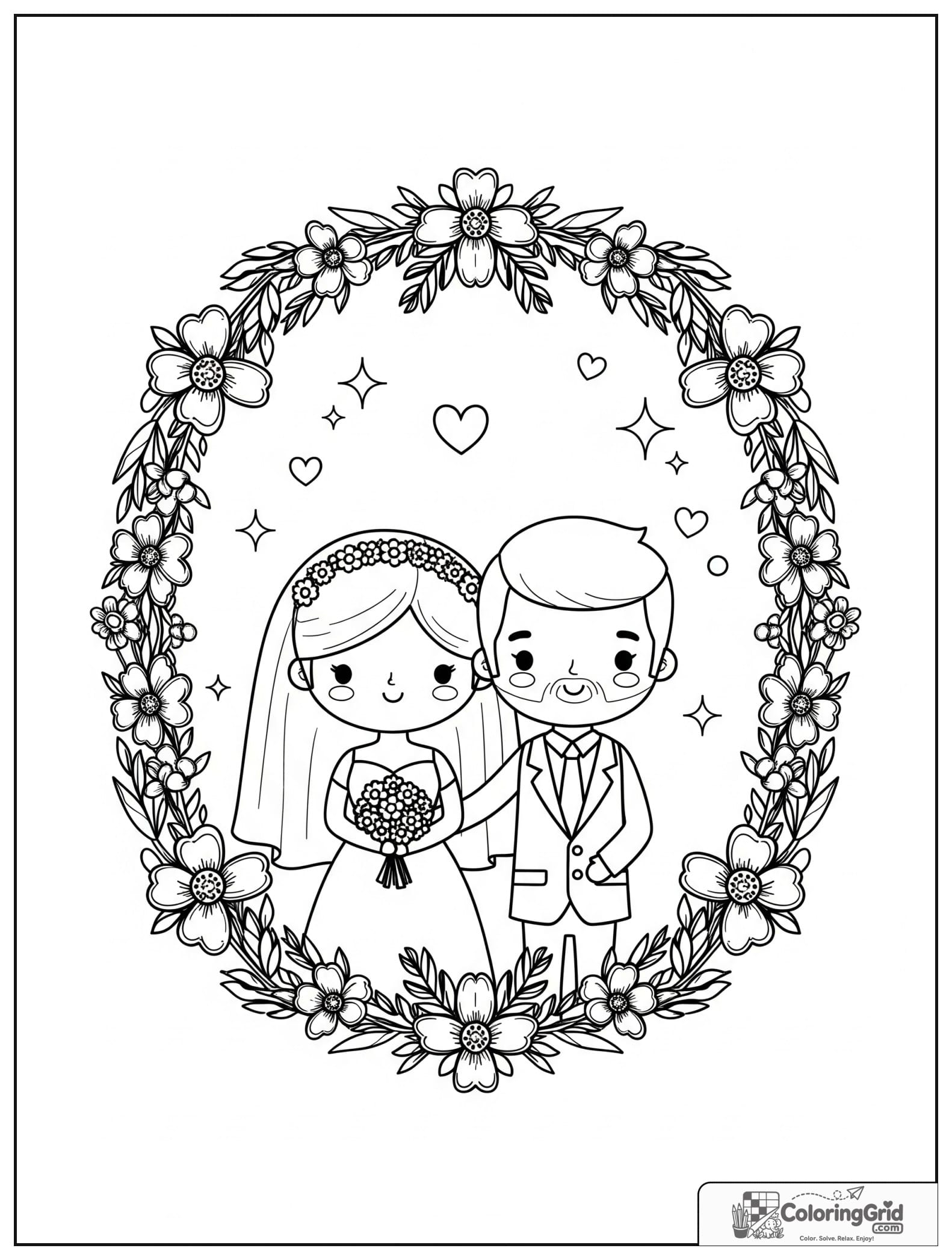 Cute bride and groom in a floral frame with small heart decorations.