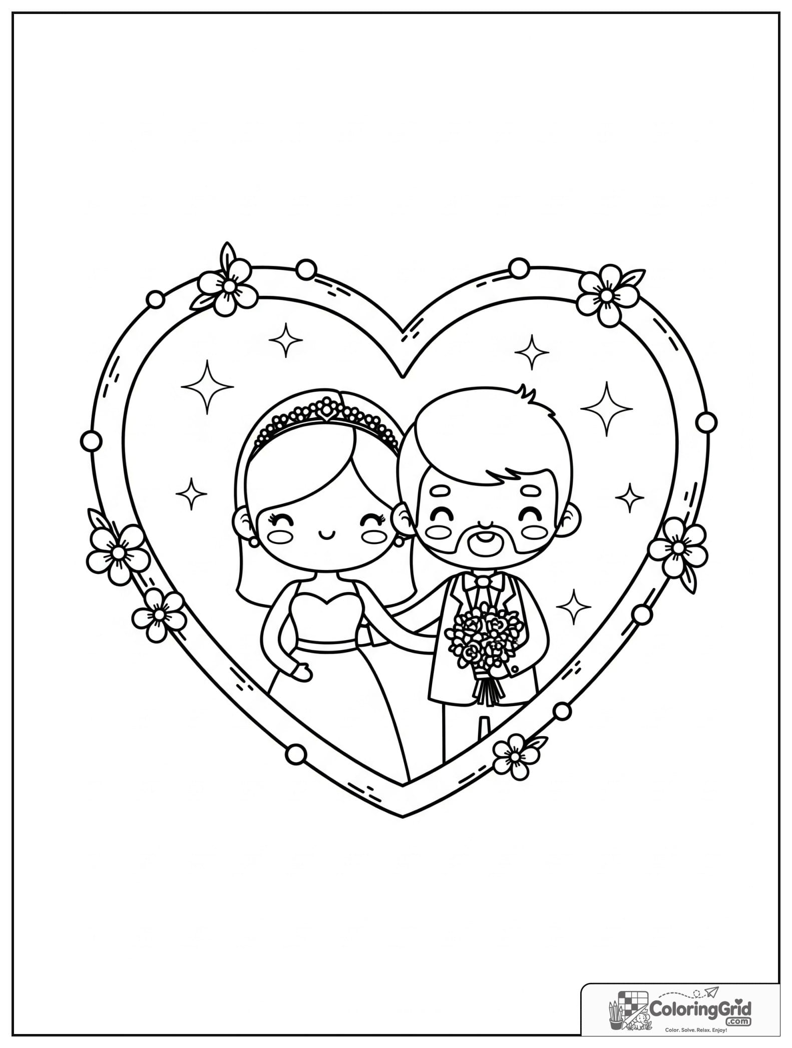 Cute bride and groom in a heart frame with small floral decorations.