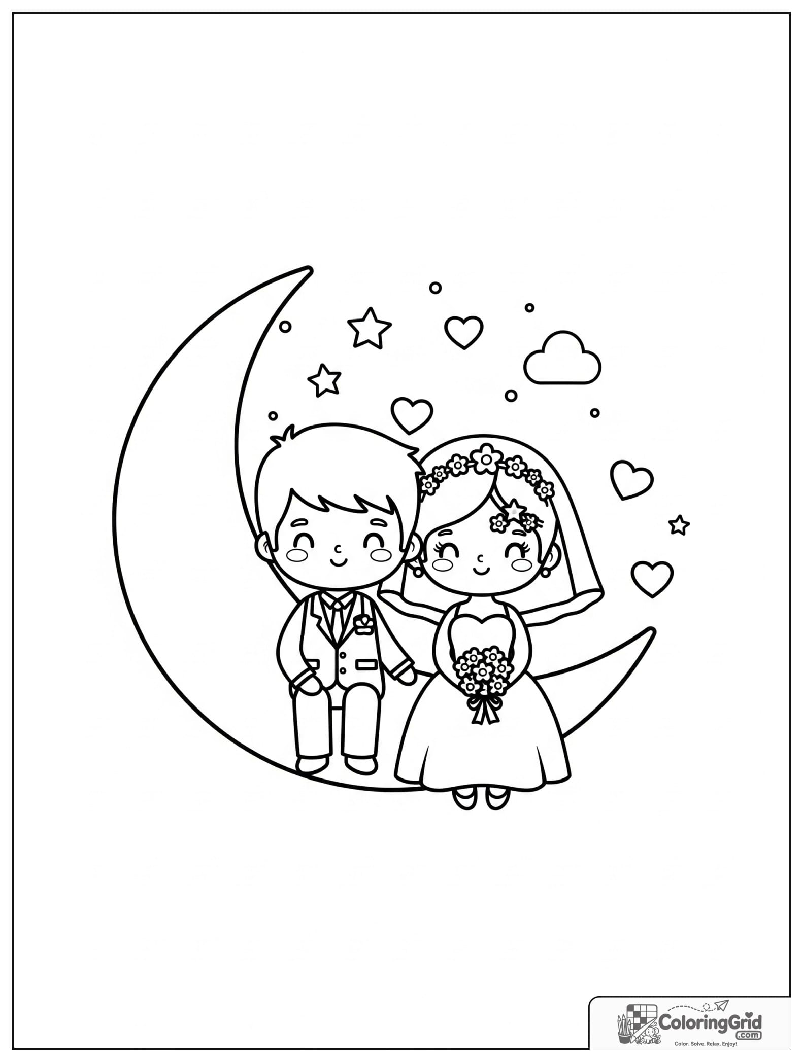 Cute bride and groom on a crescent moon with small star decorations.