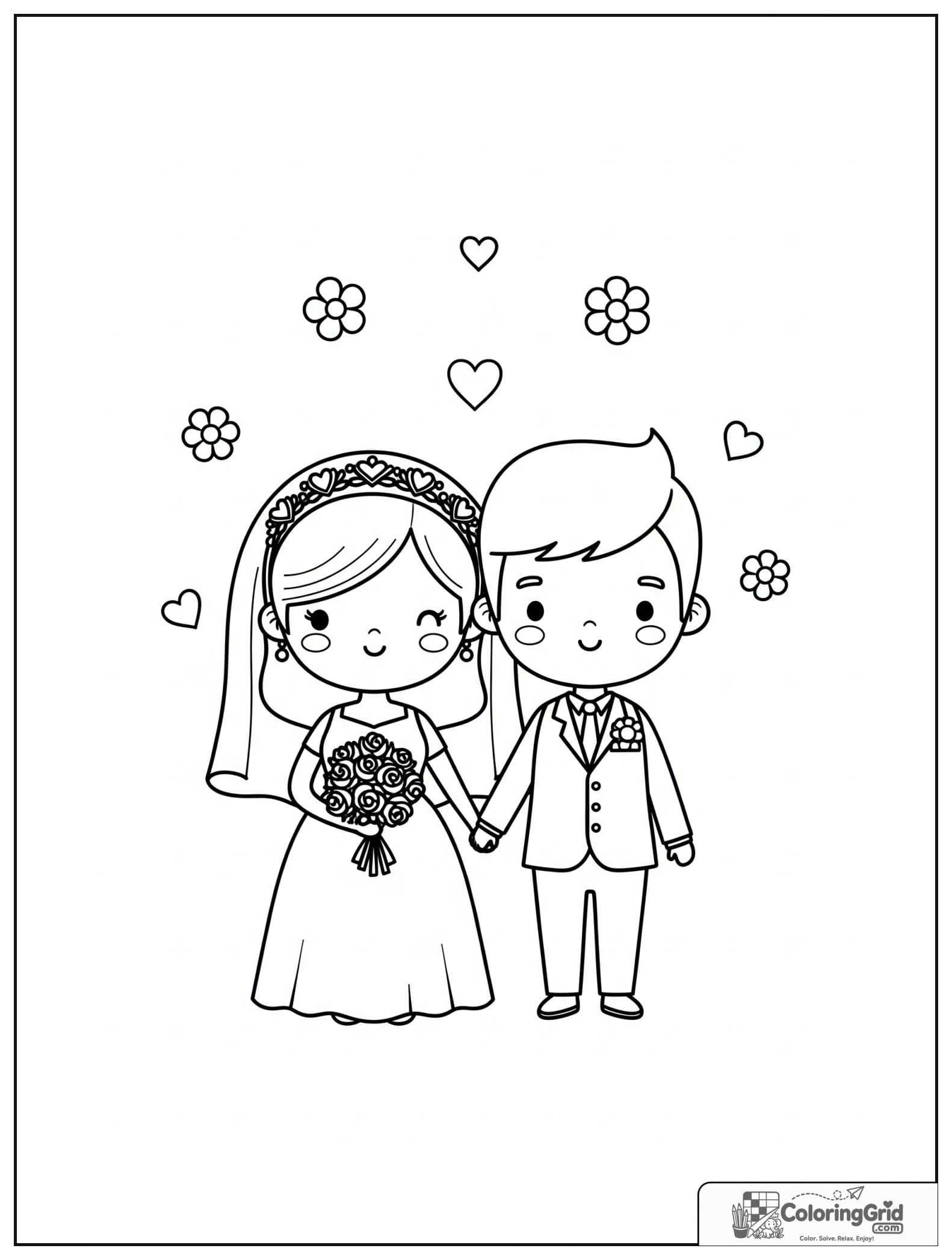 Cute bride and groom standing together with small heart and flower decorations.