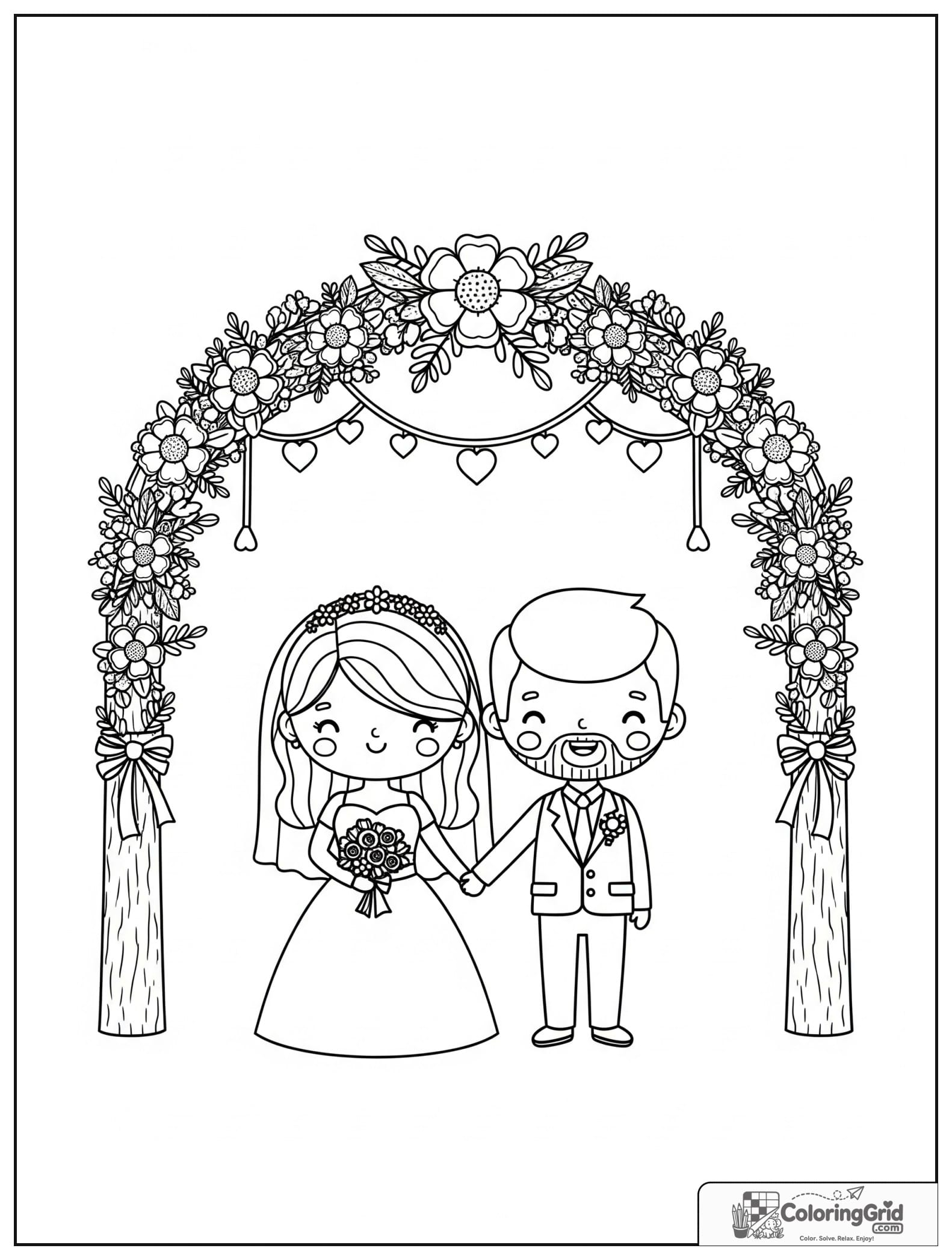 Cute bride and groom under a floral arch with small flower decorations.