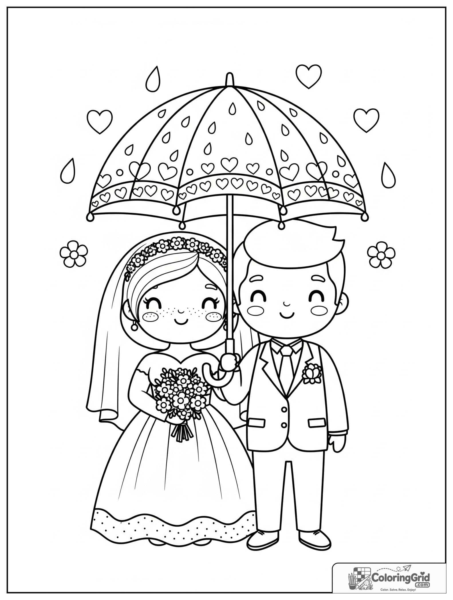 Cute bride and groom under an umbrella with small raindrop heart decorations.